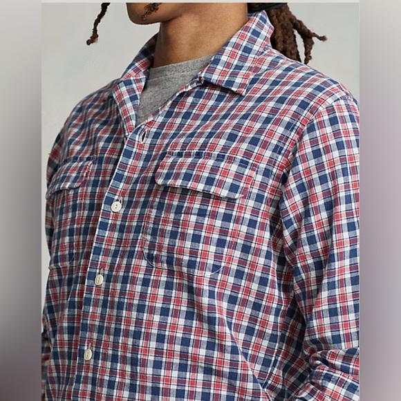 Polo Country Ralph Lauren Men’s Large Classic Fit Indigo Plaid Camp Shirt Casual - Picture 1 of 16